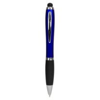 Długopis z kolorowym trzonem i srebrnymi elementami.